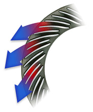 Load image into Gallery viewer, Stylished/graphical image showing cool air exiting the curved vane section of a rotor