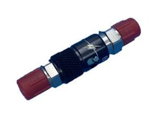 Load image into Gallery viewer, Picture of a male to male titanium coupler with 2 red fitting caps