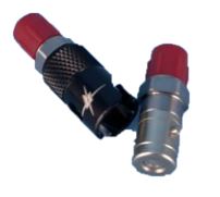 Load image into Gallery viewer, Picture of a male to male titanium coupler with 2 red fitting caps