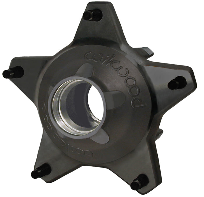 A black wide 5 aluminum front hub on a white background