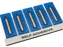 Load image into Gallery viewer, (4) blue temperature indicating decal strips on a white background