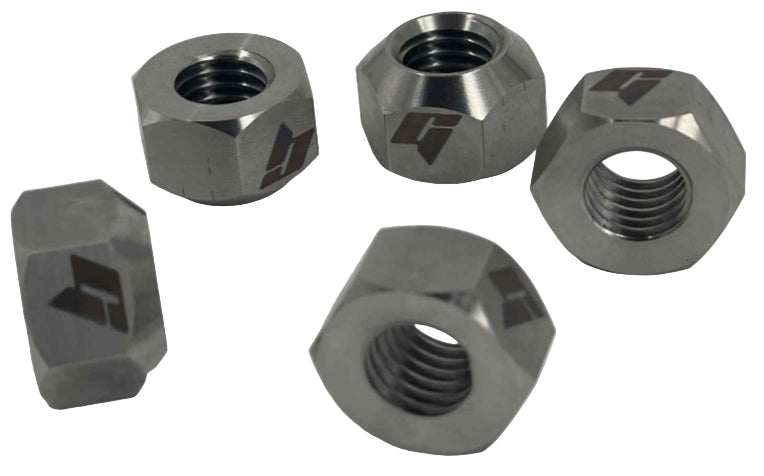 Five metallic hex nuts on a light gray background