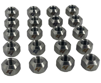 Set of metallic hex nuts with a brand logo on a white background