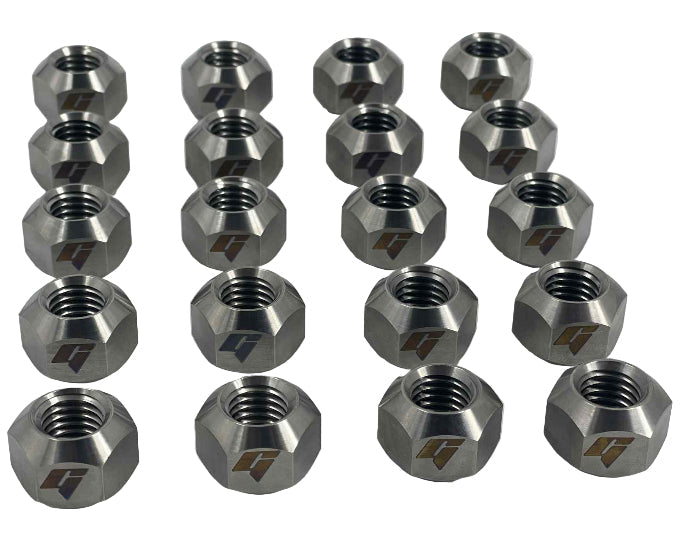 Set of metallic hex nuts with a brand logo on a white background