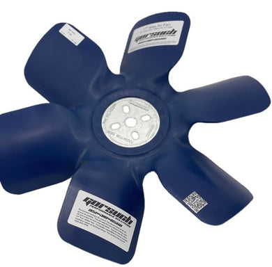 A blue 6-bladed engine fan on a white background