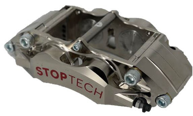 Nickel plated C43 StopTech brake caliper on a white background