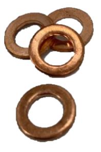 Four copper washers on a white background