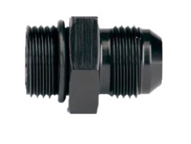 Black anodized aluminum fitting for -10 AN to straight cut, with a straight adapter. Suitable for various automotive applications.