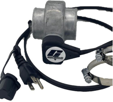 A silver engine heater featuring a large G logo on a plug with a wire looped around