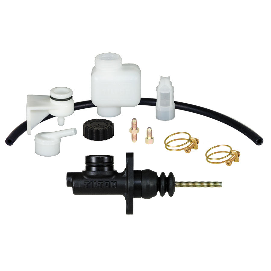 Exploded view of Tilton 75 series master cylinder with various components such as piston, cap, reservoir, and screws visible.