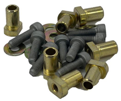 A group of allen bolts and t-nuts on a white background