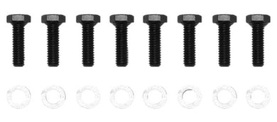 Picture of (8) black hex head bolts with an equal number of silver colored washers