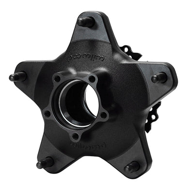 A black wide 5 aluminum rear hub on a white background