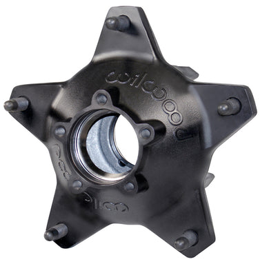 A black wide 5 aluminum rear hub on a white background