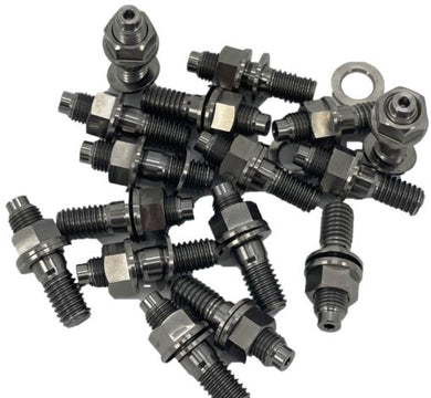 A group of titanium drive flange stud assemblies on a white background