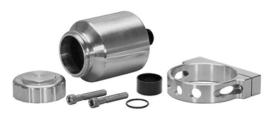 Silver aluminum master cylinder reservoir kit with bracket on white background