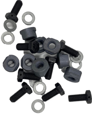 Group of bolts, washers, and special t-nuts for brake rotors on a white background
